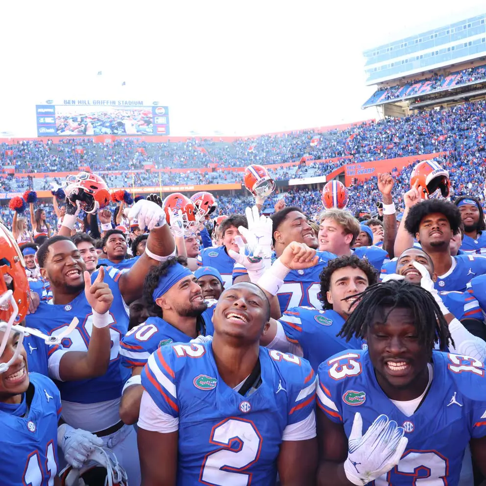 Freshmen Jadan Baugh and DJ Lagway celebrate Florida’s defeat of No. 9 Ole Miss in The Swamp